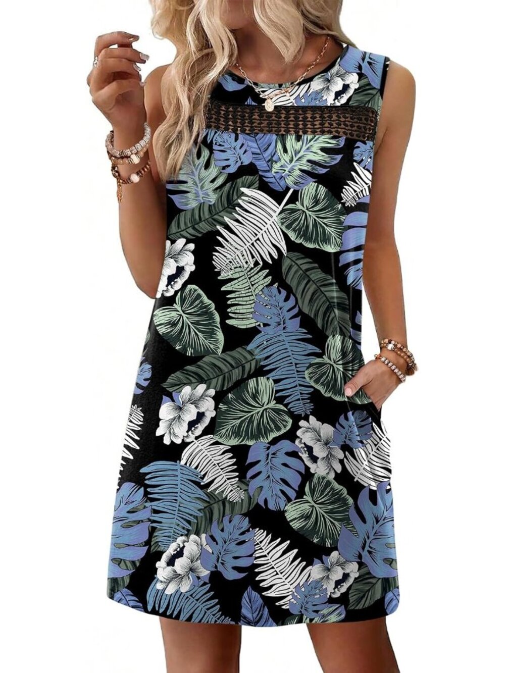 〽️Women's Blue Green Lace Mini Dress Sleeveless Tank Summer Vacation Sundress